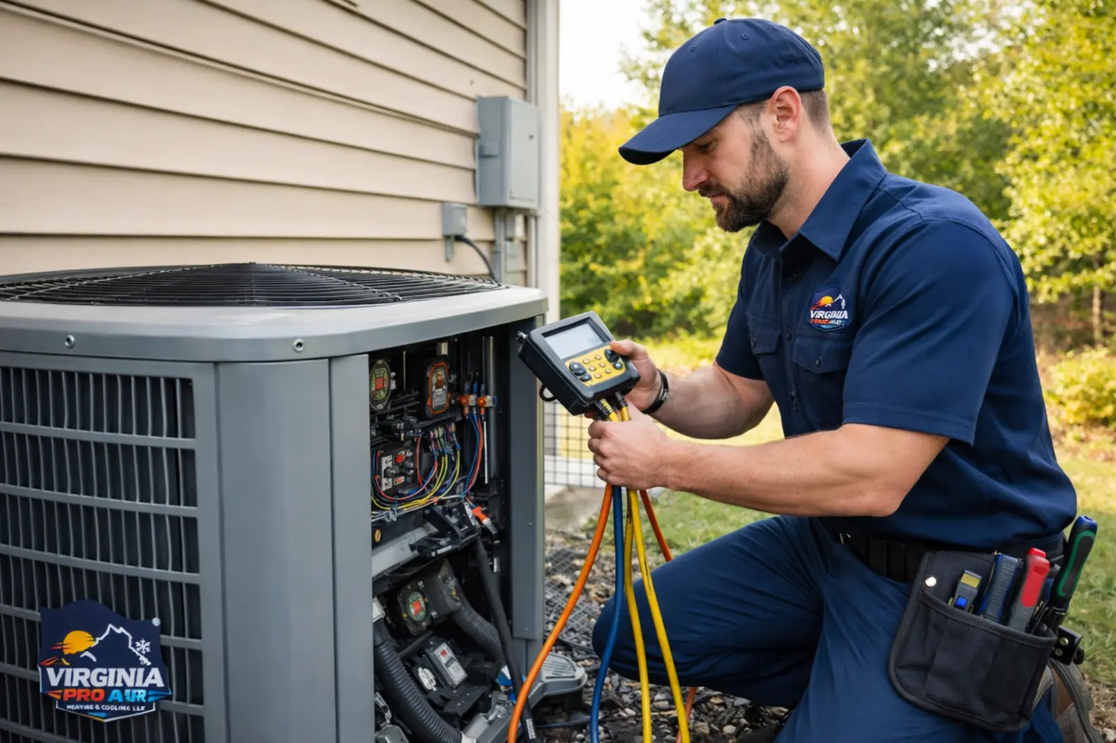 Virginia ProAir HVAC technician performing air conditioning diagnostics and service on a residential AC unit in Central Virginia.