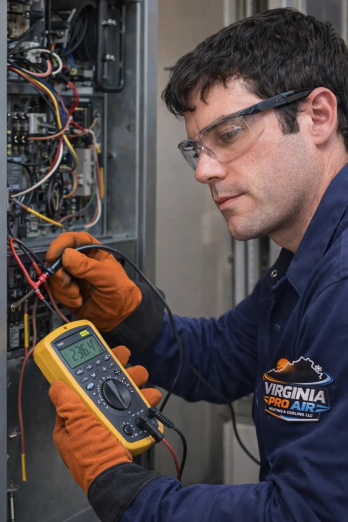 HVAC technician performing electrical diagnostics on heating and air conditioning system in Central Virginia