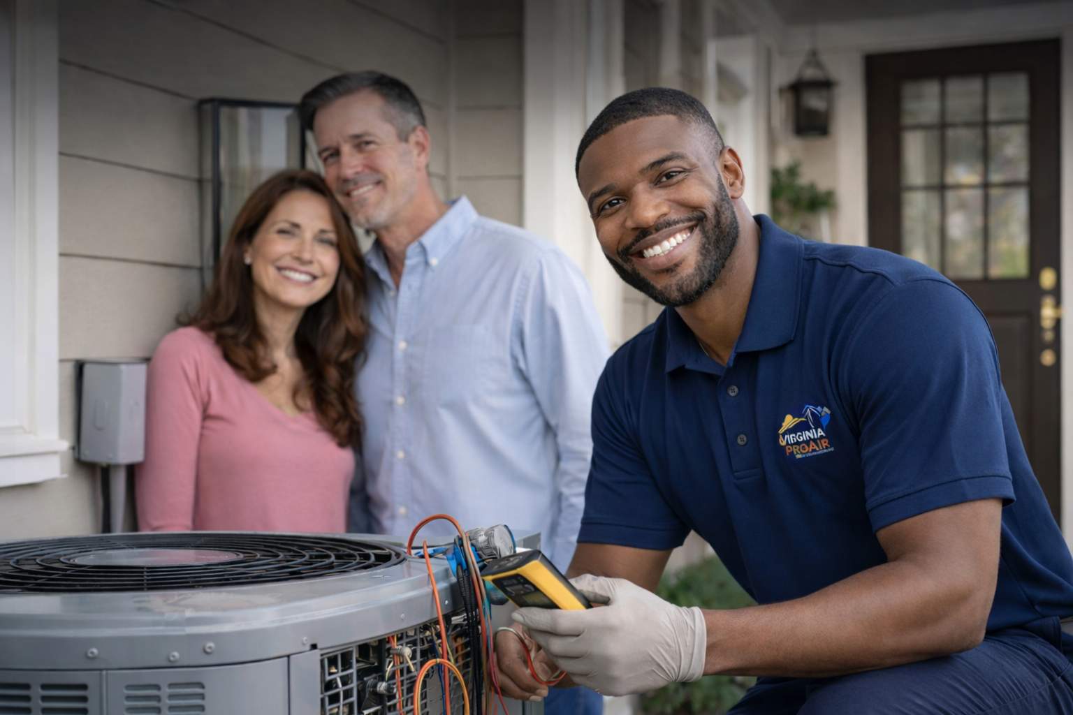 HVAC repair technician servicing a residential air conditioning system in Central Virginia by Virginia ProAir Heating & Cooling