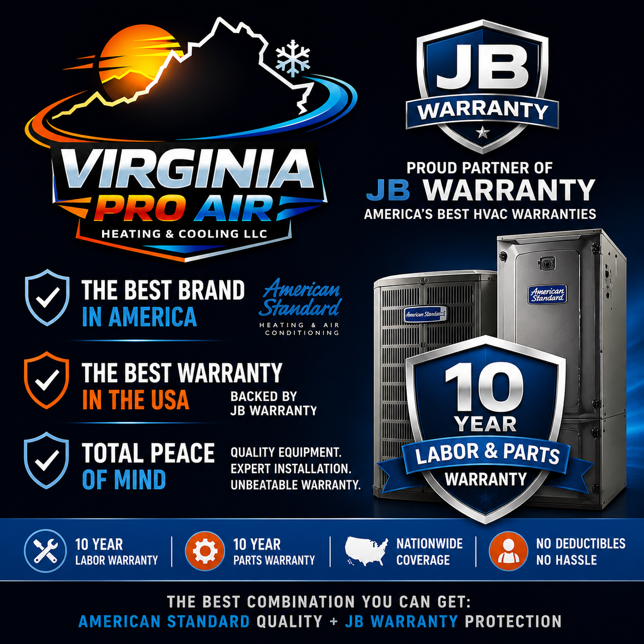 Virginia ProAir HVAC warranty Richmond VA 10 year labor and parts American Standard JB Warranty